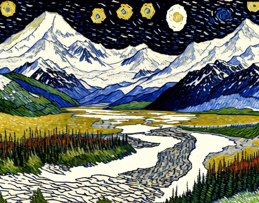 Snowy mountains, river, starry sky, moon phases, and Van Gogh swirls in