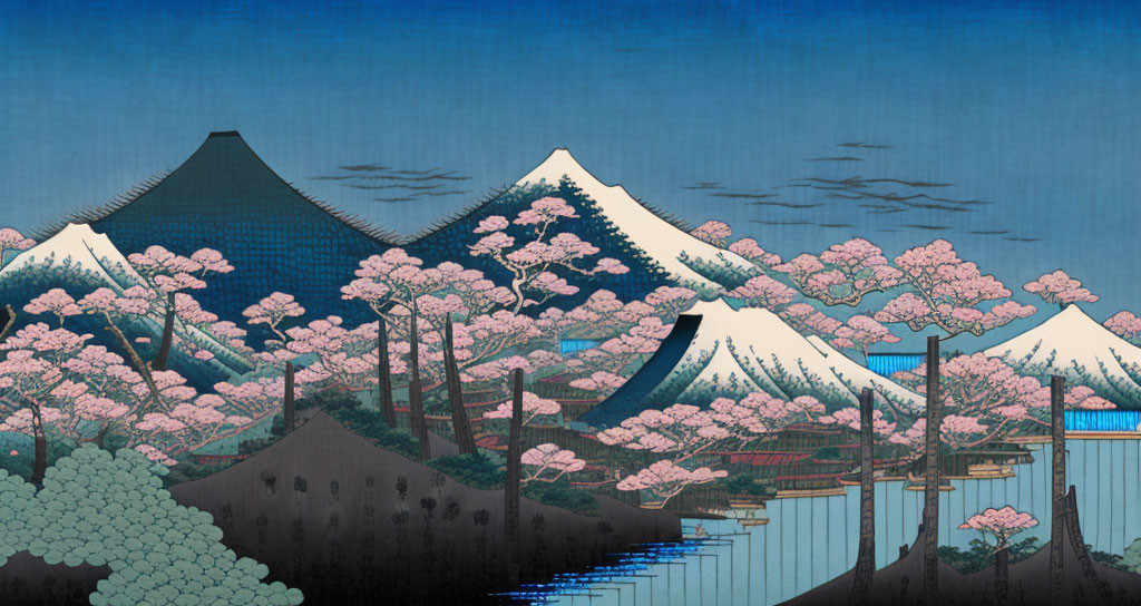 Japanese Woodblock Print: Mount Fuji, Cherry Blossoms, Blue Sky