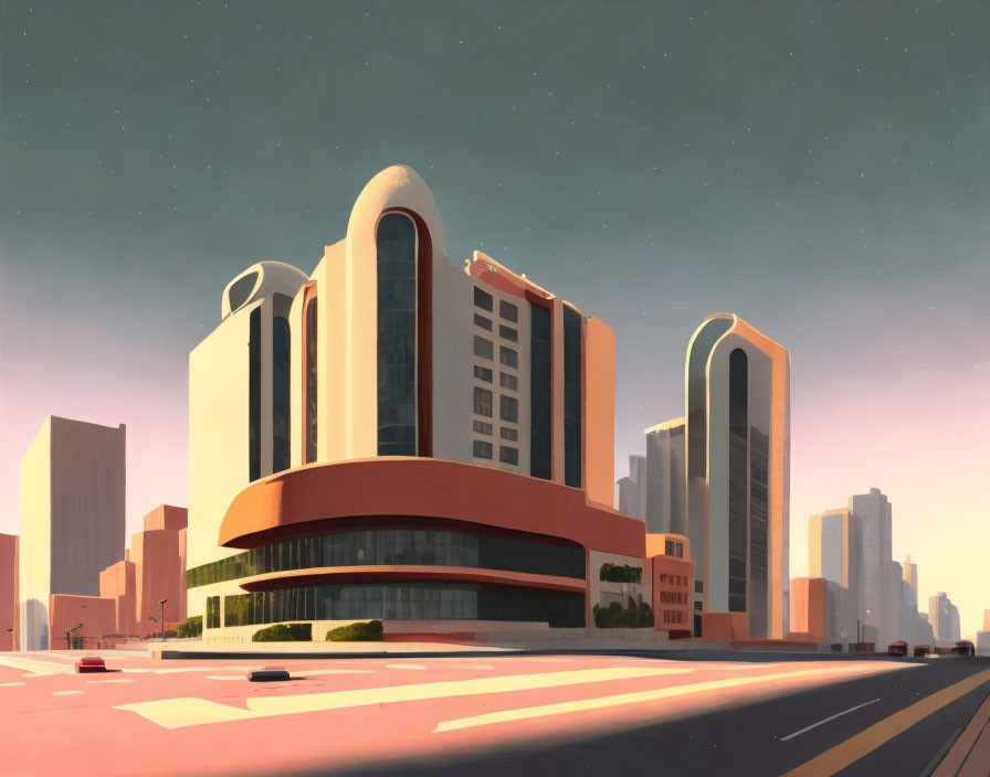 Modern cityscape with stylized buildings and broad roads in serene and futuristic setting