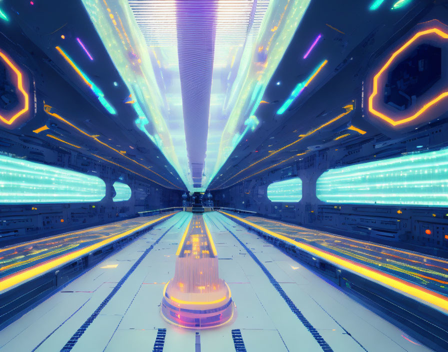 Vibrant neon-lit futuristic corridor with central path and illuminated panels