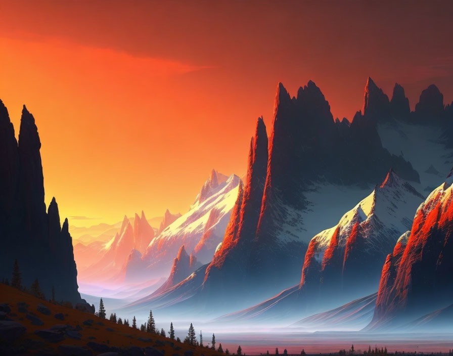 Vivid sunset over dramatic mountain range and misty valley