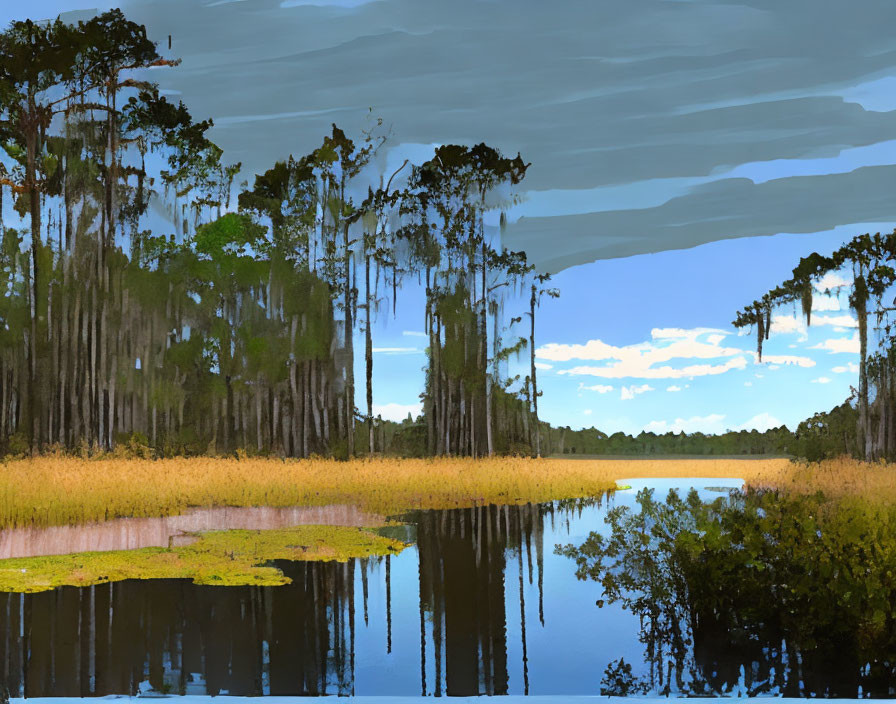 Tranquil Wetland Landscape with Tall Trees and Calm Water