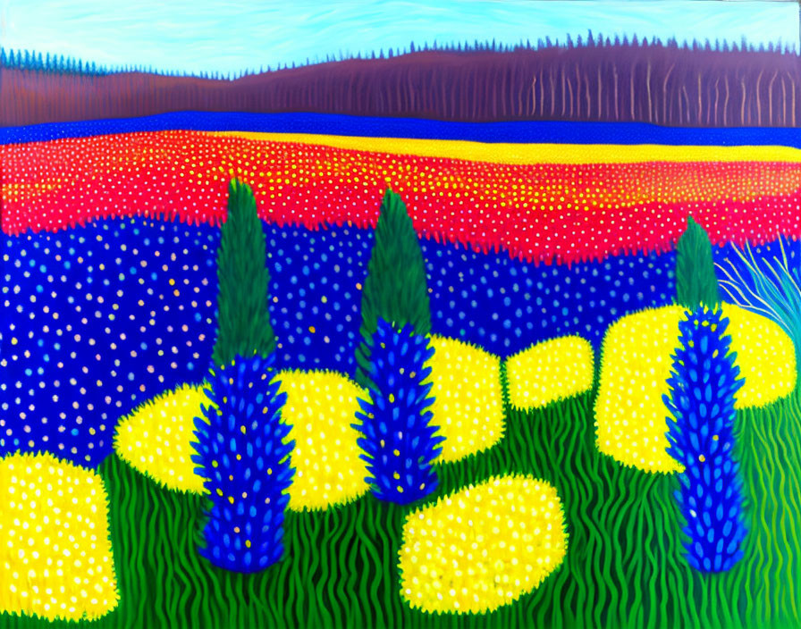 Colorful landscape painting with dotted textures, blue cypress trees, yellow fields, and purple-orange horizon