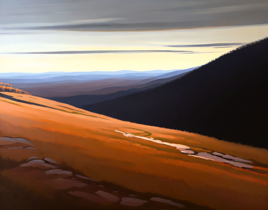 Hilly landscape painting: sunset, warm light, winding path, distant mountains.