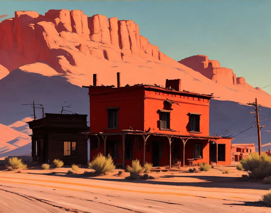 Red two-story building in desert landscape with cliffs and utility poles.