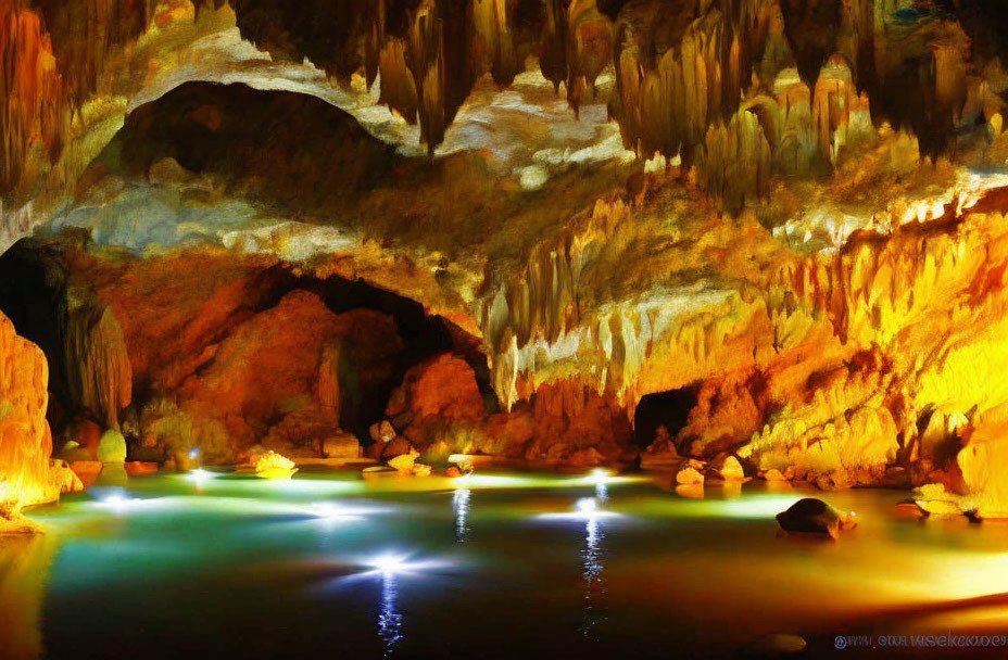 Illuminated underground cave with stalactites, stalagmites, and reflective pool.