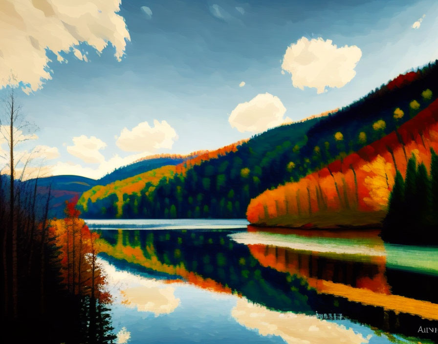 Tranquil forest scene with autumn leaves reflected in serene lake