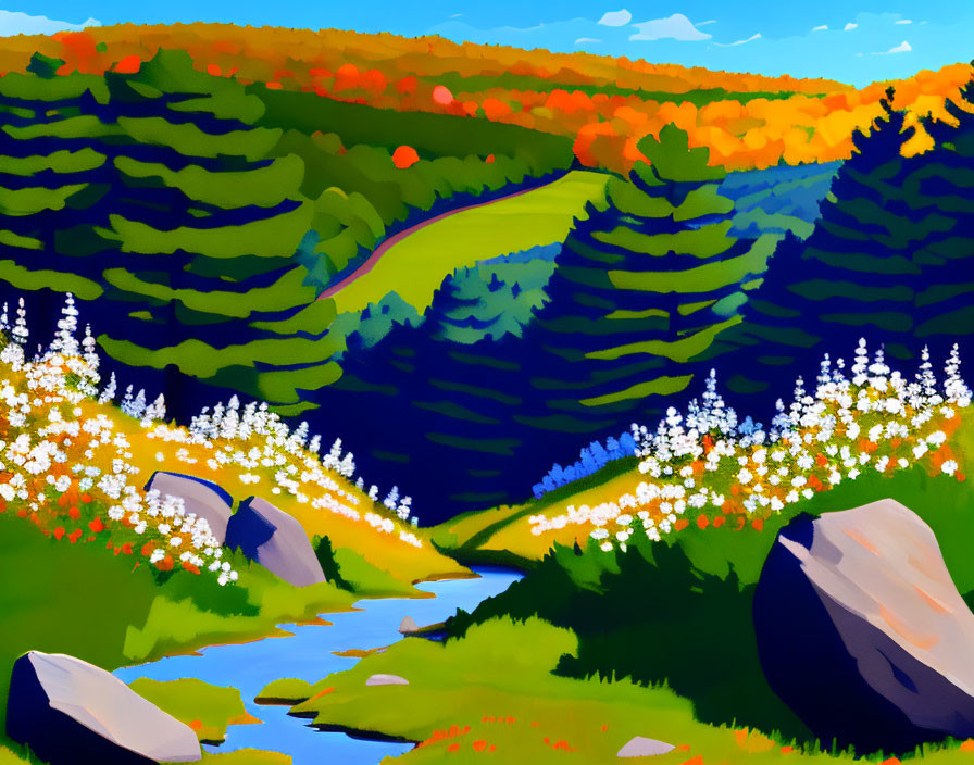 Colorful Autumn Valley Landscape with Stream and Wildflowers