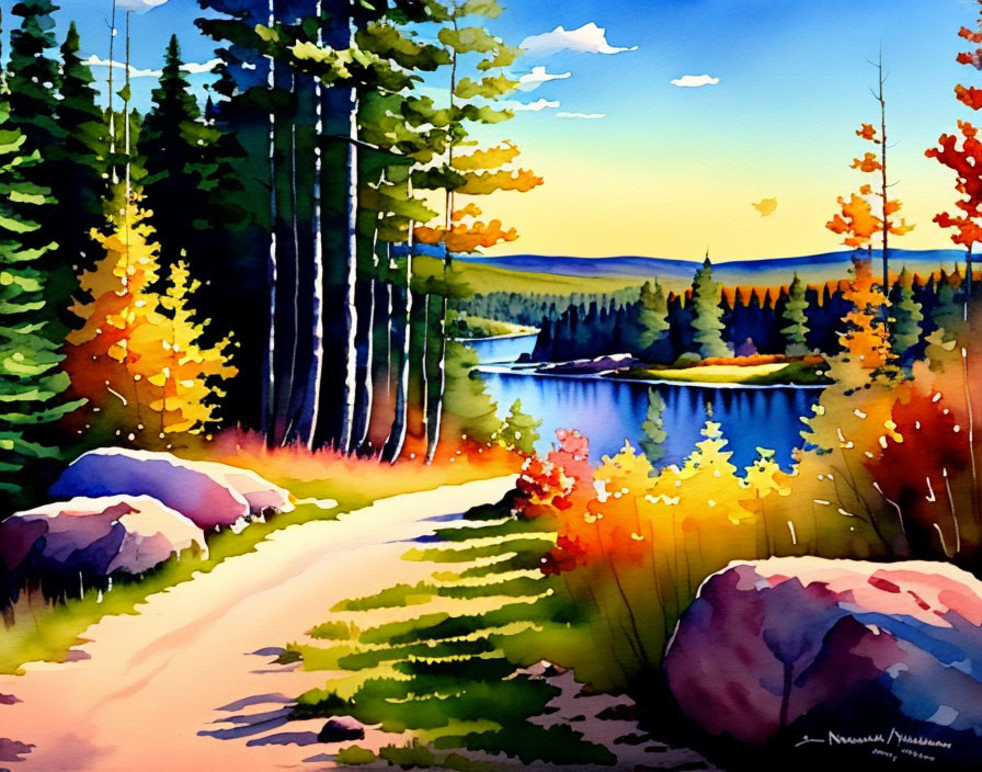 Serene lakeside path watercolor painting with autumn foliage