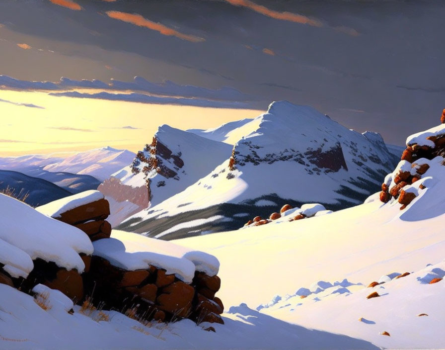 Snowy mountainscape with blue sky, white snowfields, and brown rocks