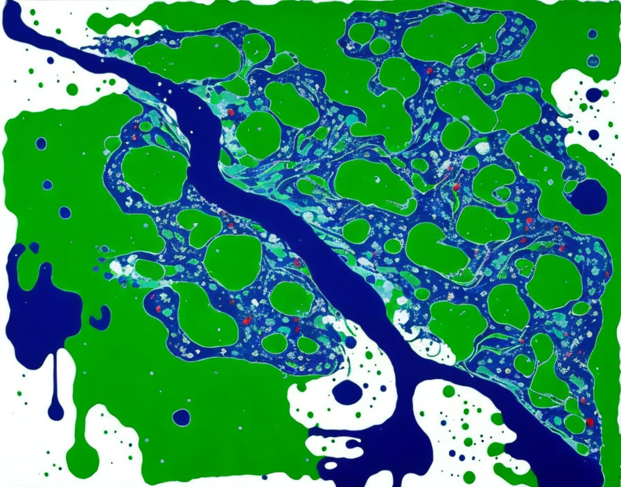 Vivid Green and Blue Abstract Splatter Art with Meandering Lines