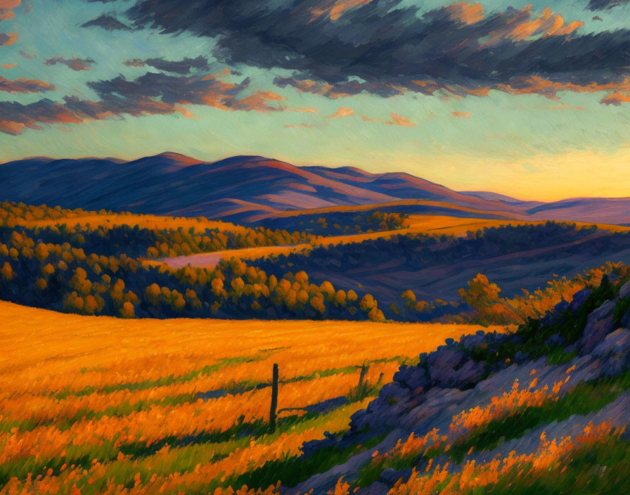 Vibrant landscape painting of golden flowers and rolling hills under dramatic sunset sky