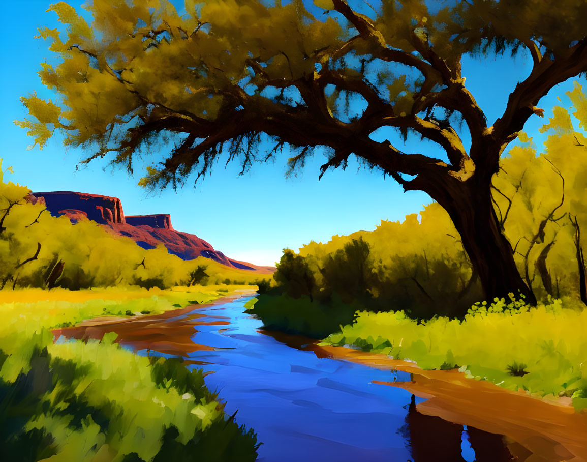 Serene river and lush landscape with tree and mesas in vibrant digital painting