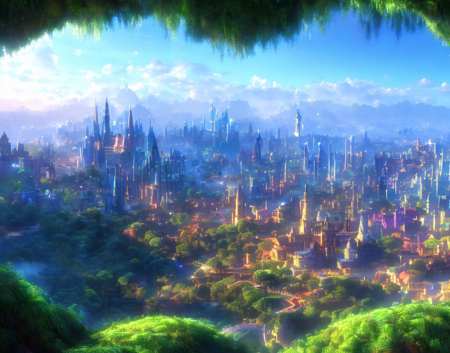 Fantasy cityscape with towering spires in lush greenery