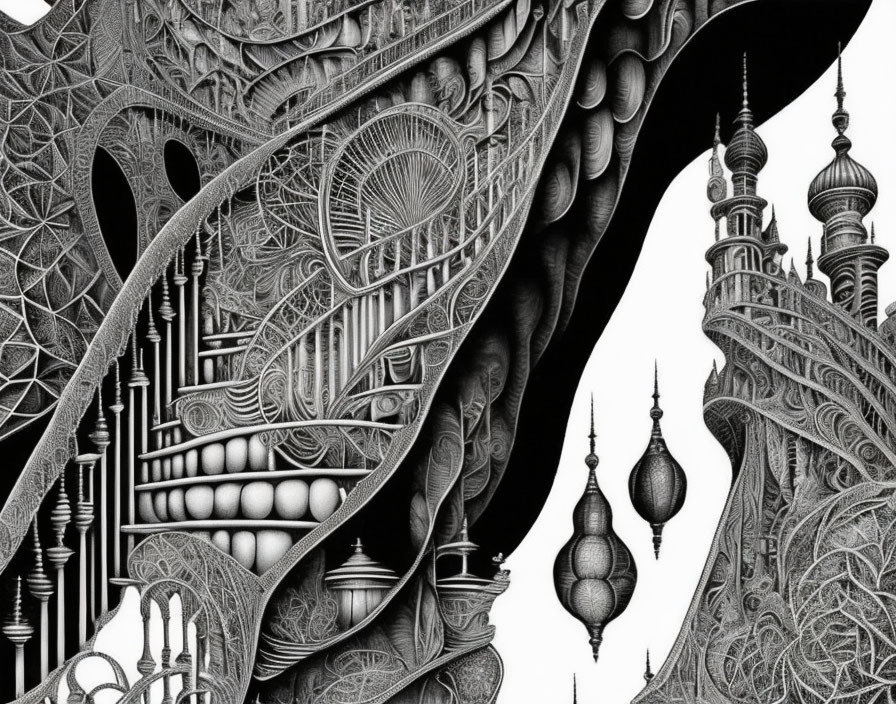 Detailed Black and White Architectural Fantasy Illustration