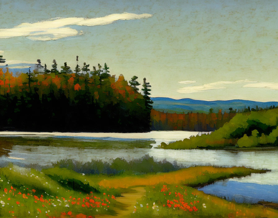 Tranquil landscape painting: river, lush forest, red flowers, hills, cloudy sky