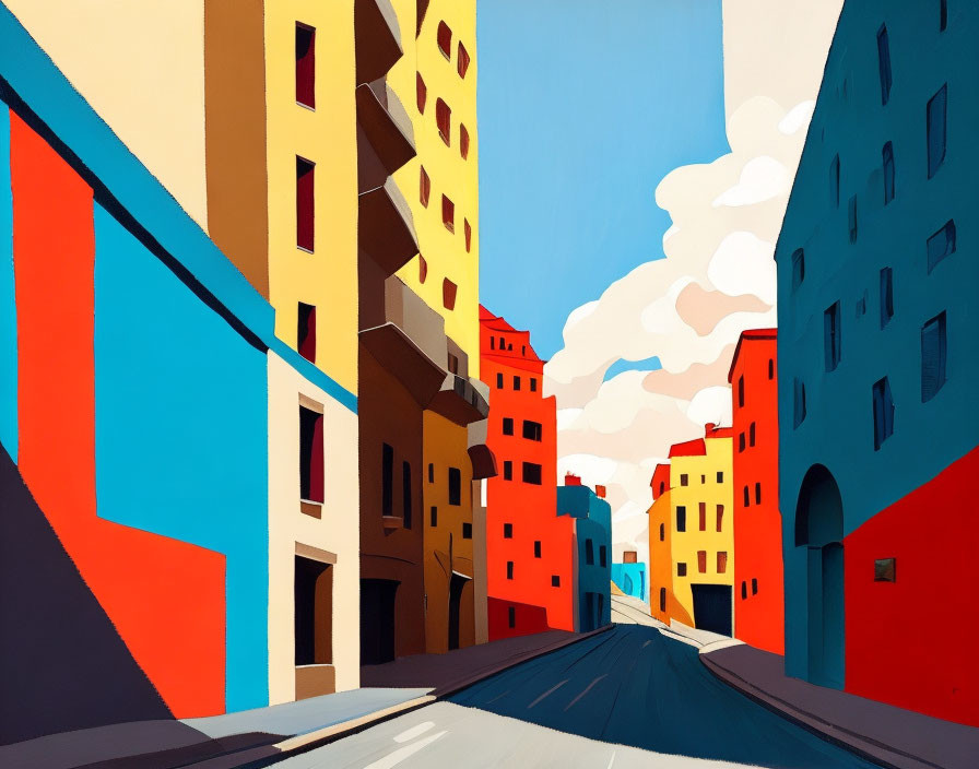 Colorful stylized urban street painting with exaggerated perspectives and vibrant red, yellow, and blue buildings under