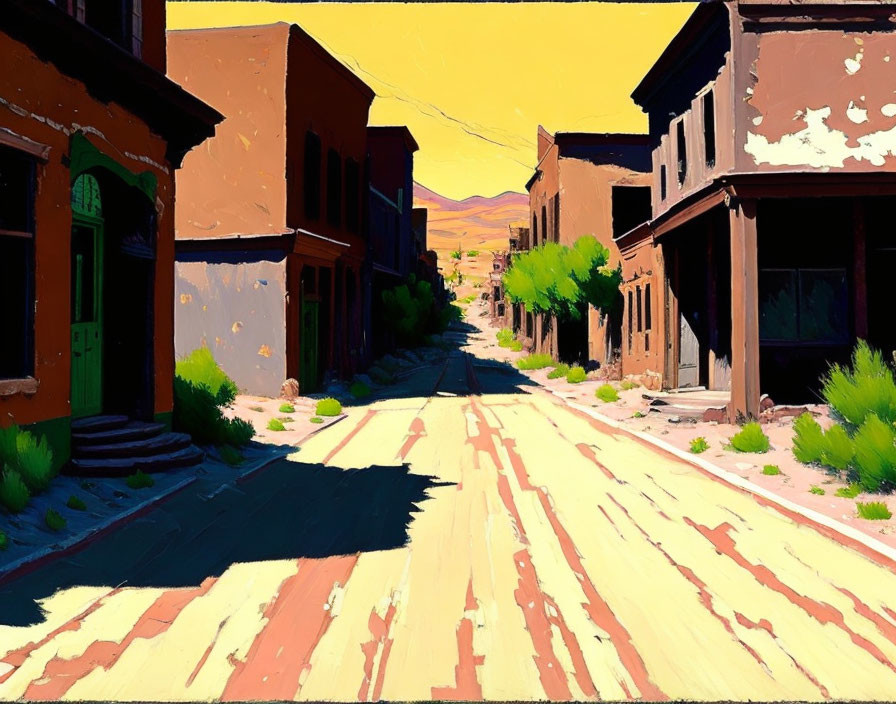 Stylized painting of deserted sunlit street with colorful buildings