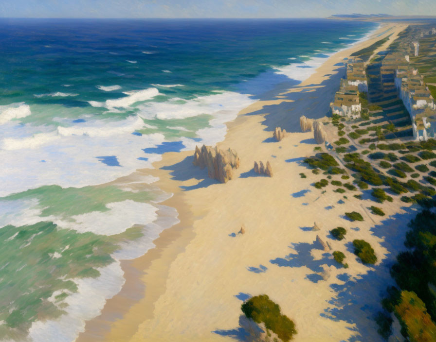 Sunny beach painting with crashing waves and beachfront buildings