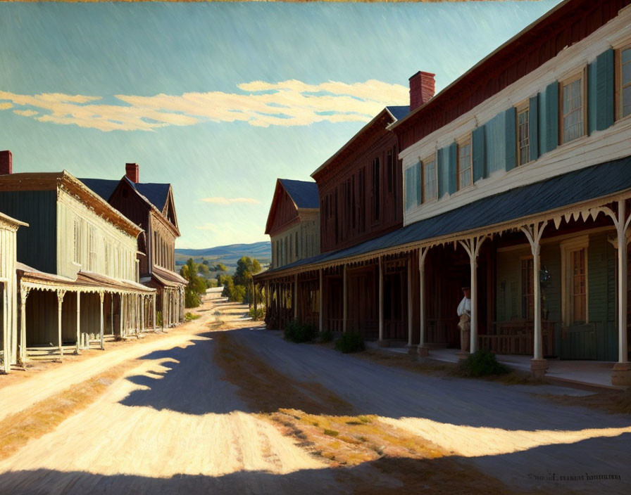 Sunlit Rustic Western Town Street with Wooden Buildings