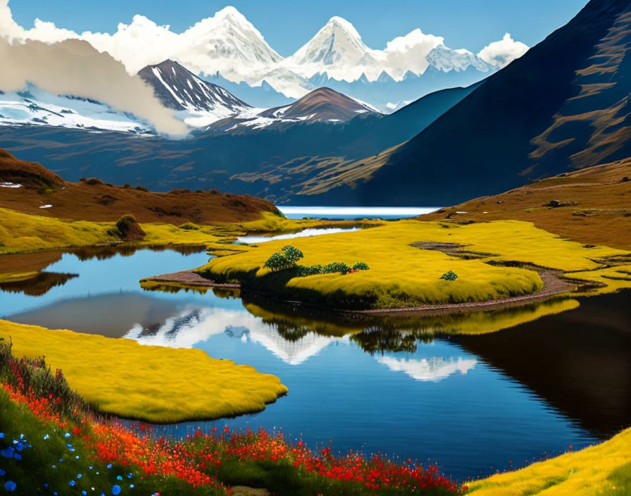 Tranquil Alpine Landscape with Reflective Lake and Snow-Capped Mountains