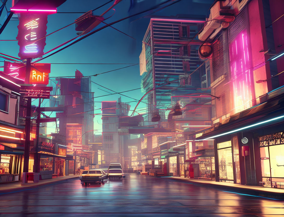 Futuristic urban street with neon-lit Asian signage and high-rises