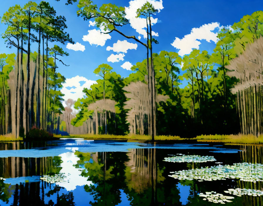 Serene swamp scene with tall trees and lily pads under blue sky