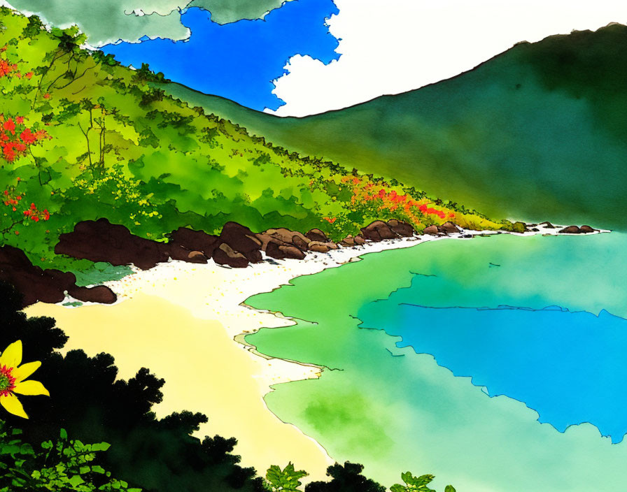 Tropical beach watercolor painting with lush green hills