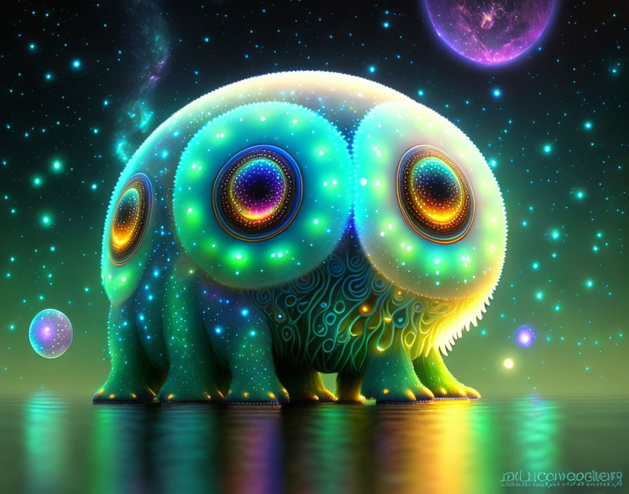 Colorful digital artwork featuring whimsical creatures in cosmic setting