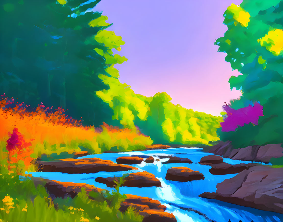 Colorful Illustration: Serene River in Forest with Lush Greenery