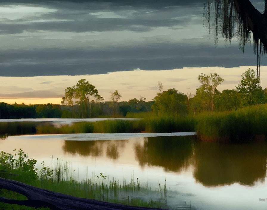 Twilight lake scene with tree reflections and moody sky