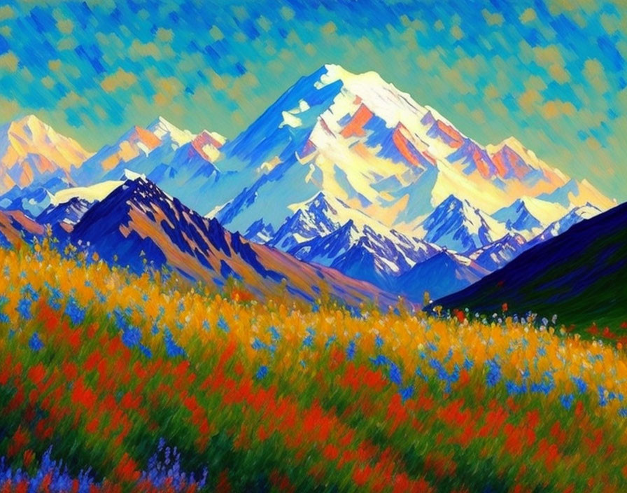 Vibrant flower-filled meadow with snow-capped mountains and blue sky