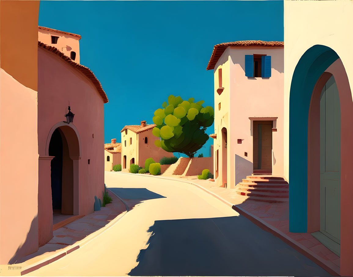 Tranquil village street painting with colorful buildings and lush tree