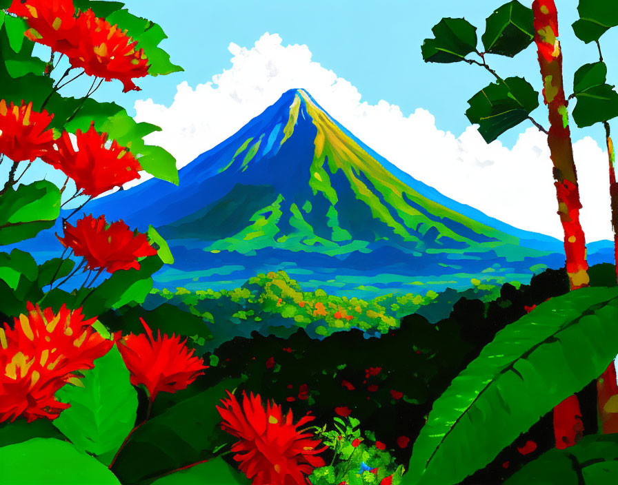 Colorful painting of majestic volcano with tropical flora against blue sky