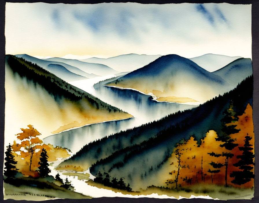 Misty layered mountains with river and autumnal trees in watercolor