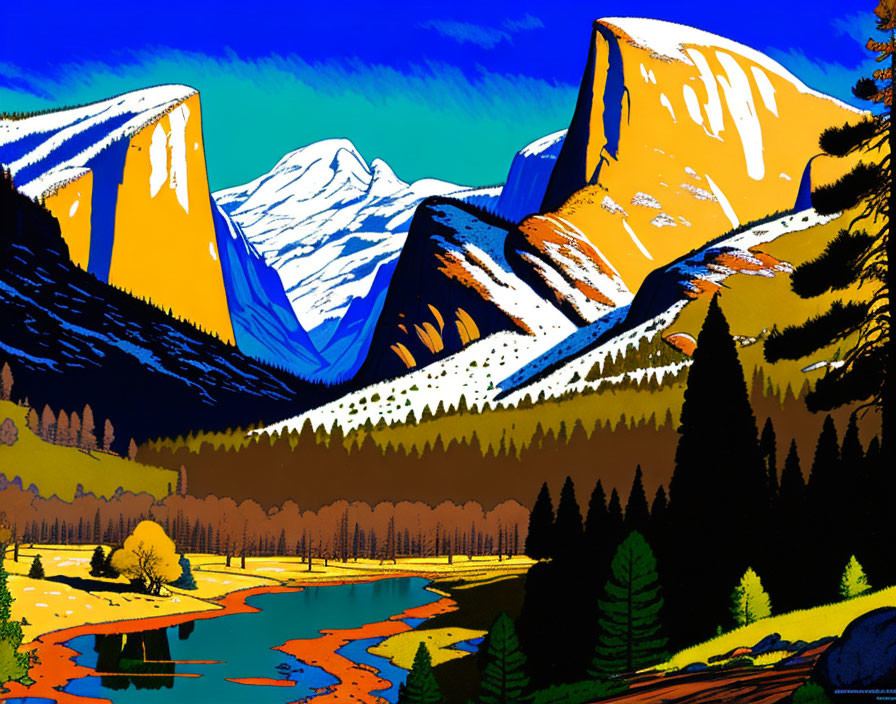 Vibrant Stylized Landscape with Mountains and River