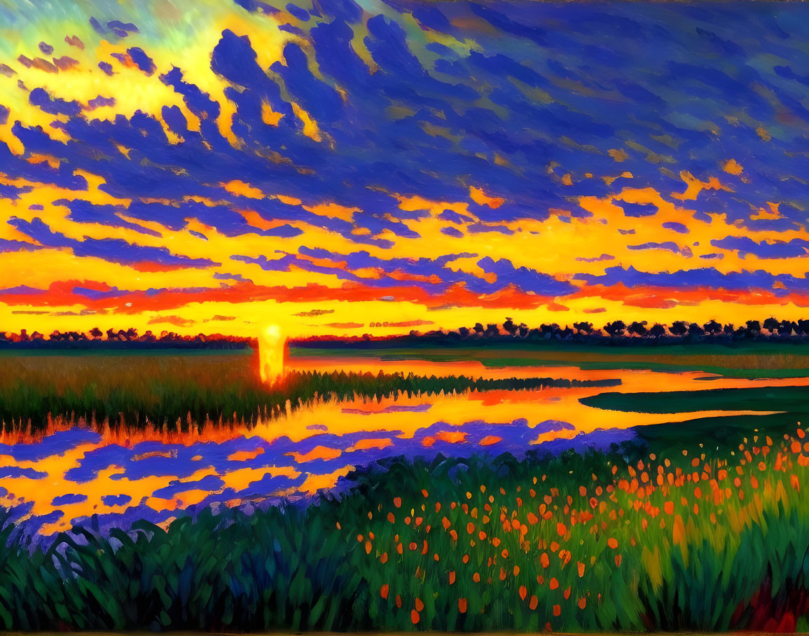 Scenic sunset painting with fiery clouds and calm river