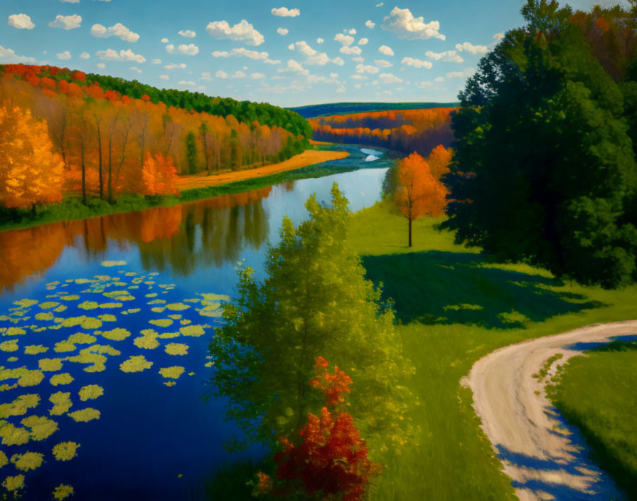 Autumn river winding through colorful forest with reflections and lily pads.