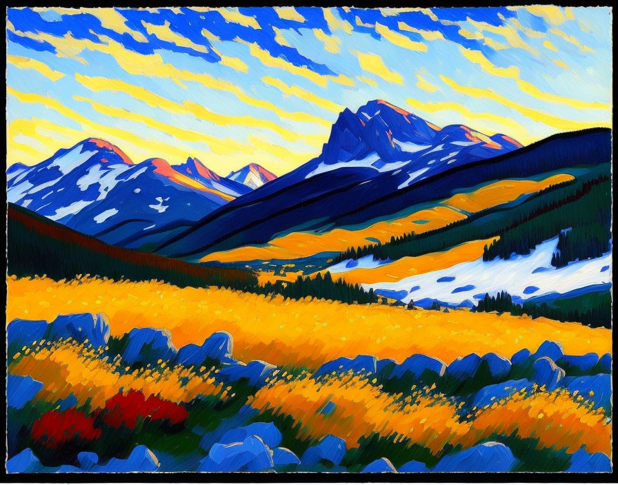 Colorful Mountain Landscape Painting with Blue Sky and Yellow Fields