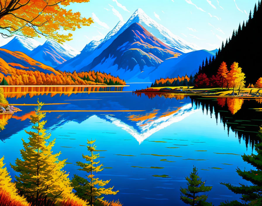 Digital Artwork: Autumn Landscape with Lake, Mountain, and Colorful Trees