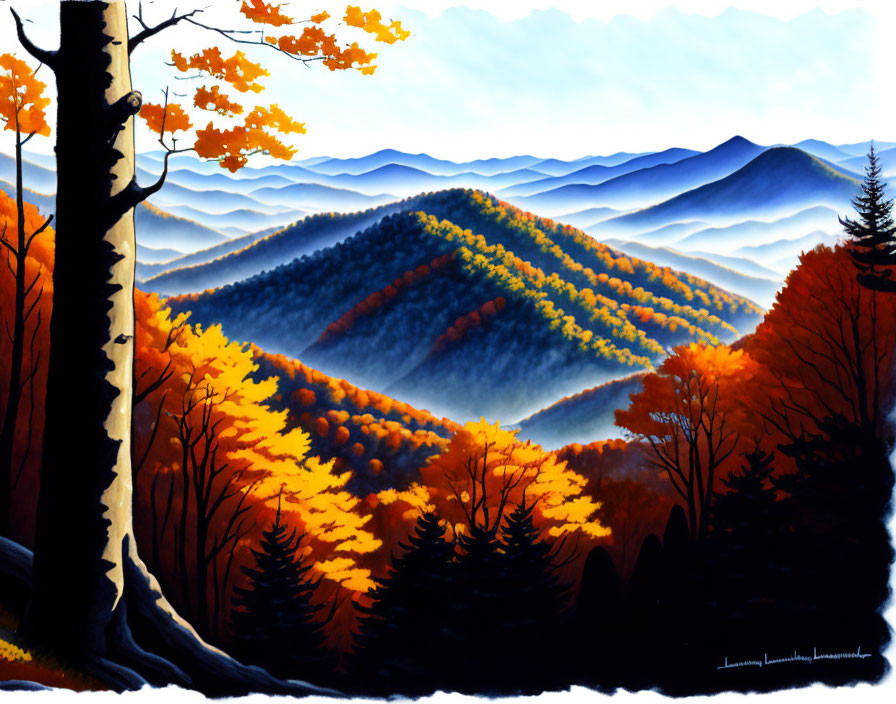 Scenic autumn landscape with colorful foliage and mountain ridges