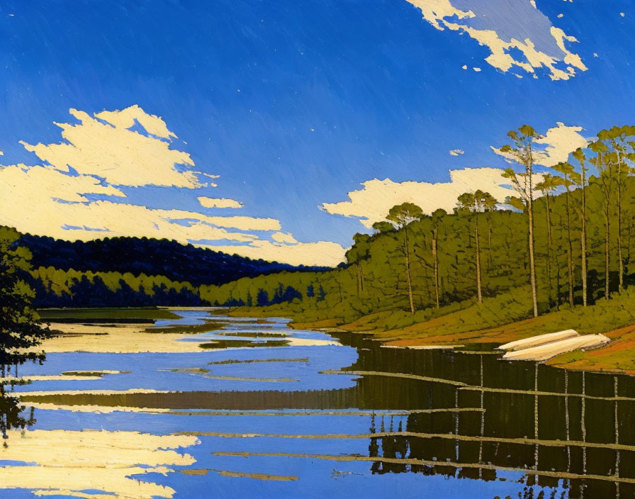 Scenic river painting with reflections, trees, and blue sky