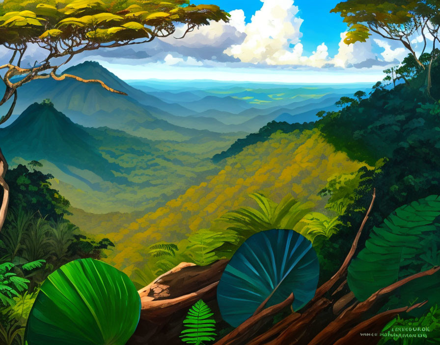 Vibrant green tropical forest with distant mountains and broad-leaf plants