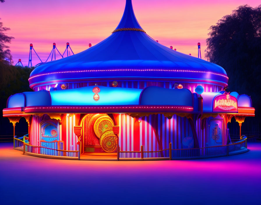 Vibrant blue and pink illuminated carousel at twilight with ornate designs.