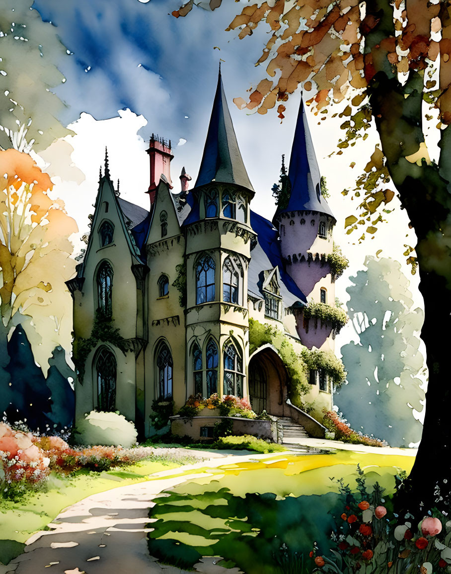 Whimsical fairytale castle surrounded by lush trees under blue sky