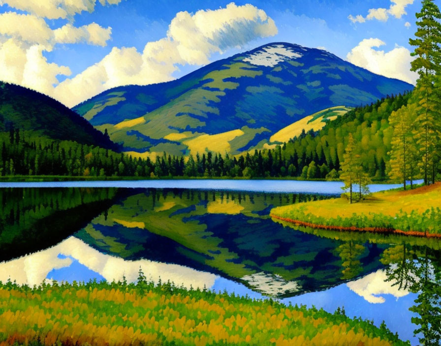 Scenic painting of serene lake with green hills and blue sky