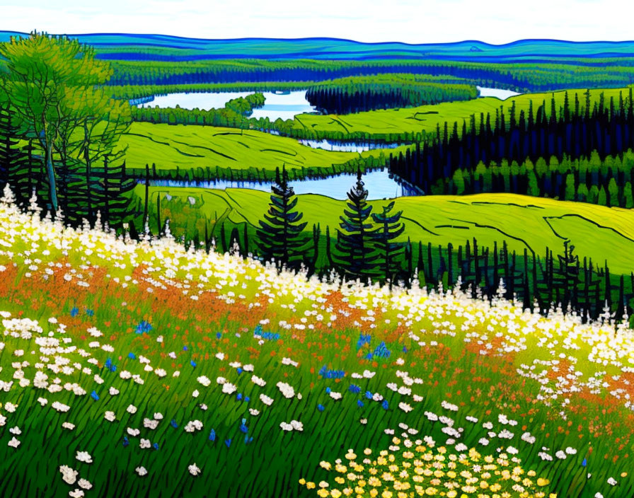 Colorful Stylized Landscape Painting with Rolling Hills, Forests, River, and Meadow