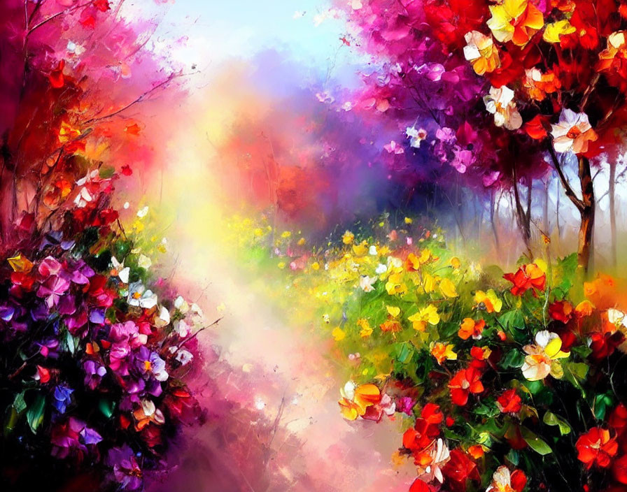 Colorful Floral Painting with Red, Yellow, and Purple Flowers