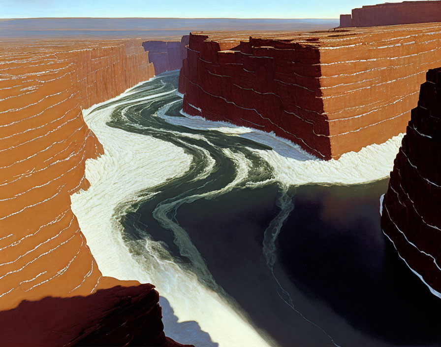 Stylized painting of massive canyon with red cliffs and river