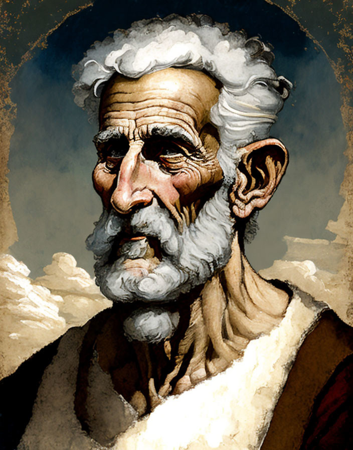 Elderly man with white beard in classical robe against cloudy backdrop